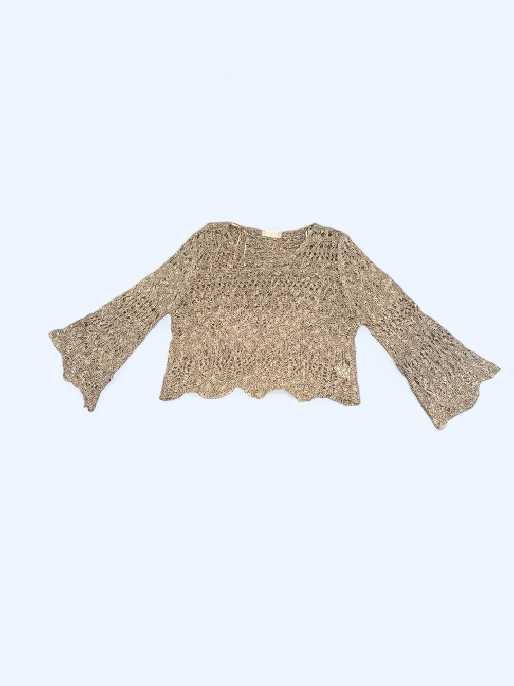 Altar’d State Open-Knit Bell Sleeve Crop Sweater in Taupe